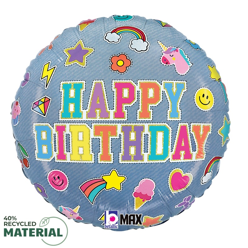 Betallic Birthday Denim Patches 18 inch MAX Float 40 Percent Recycled Round Foil Balloon 1ct