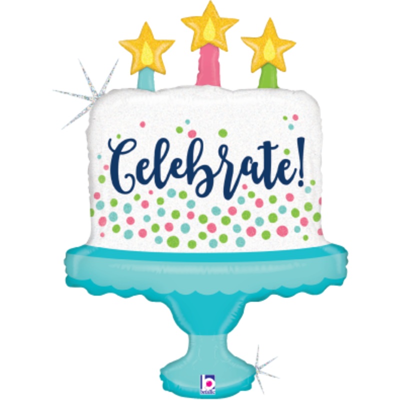 Betallic Celebrate! Cake 26 inch Glitter Holographic Shaped Foil Balloon Packaged 1ct