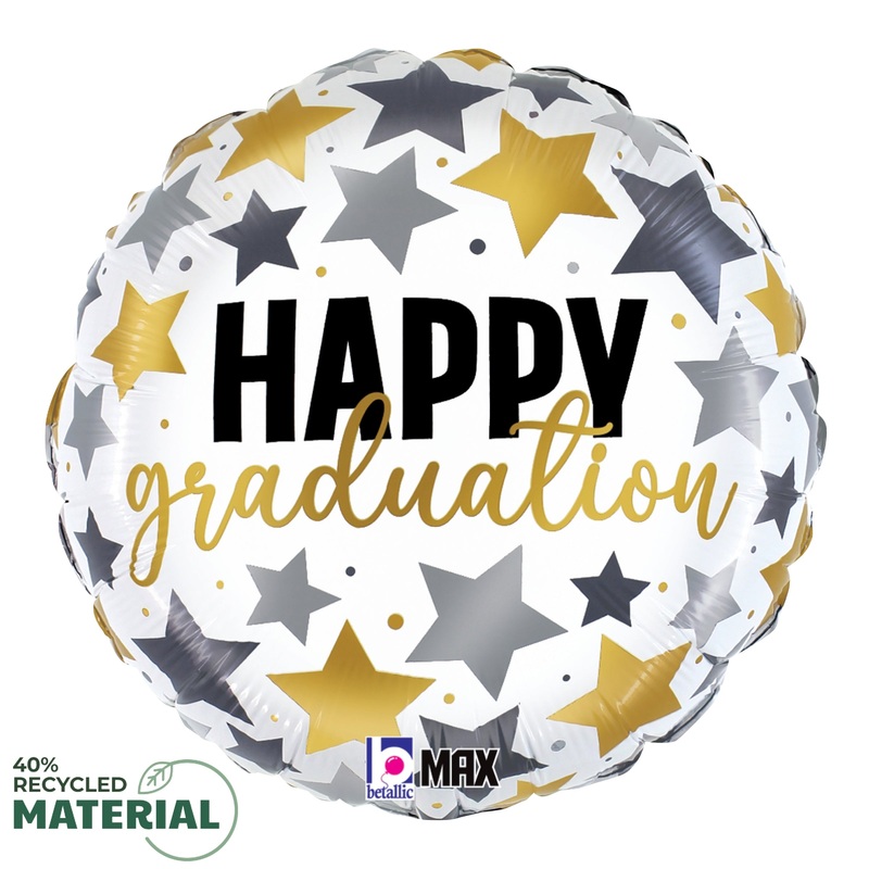 Betallic Graduation Metallic Stars 18 inch MAX Float 40 Percent Recycled Round Balloon 1ct