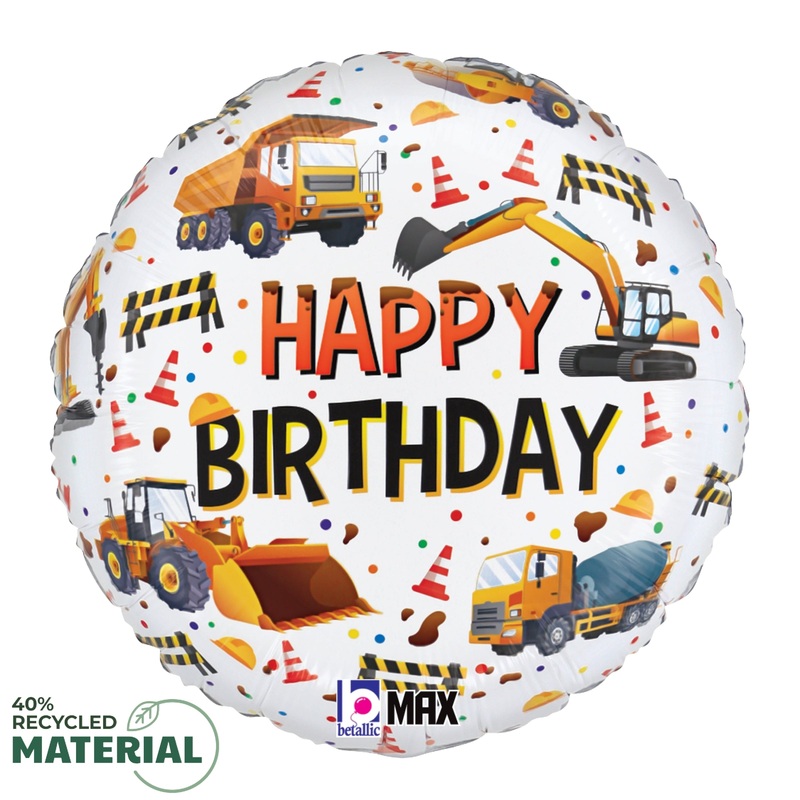 Betallic Happy Birthday Construction Equipment 18 inch MAX Float 40 Percent Recycled Round Foil Balloon 1ct