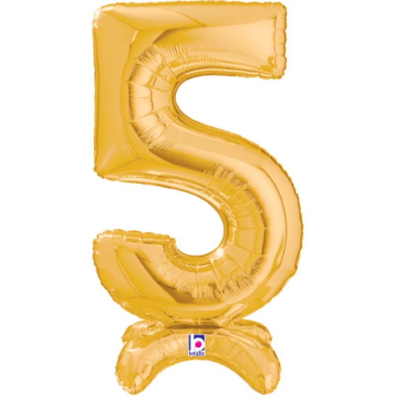 Betallic Number Stand Up 5 Gold 25 inch Air Filled Shaped Foil Balloon packed w/straw 1ct