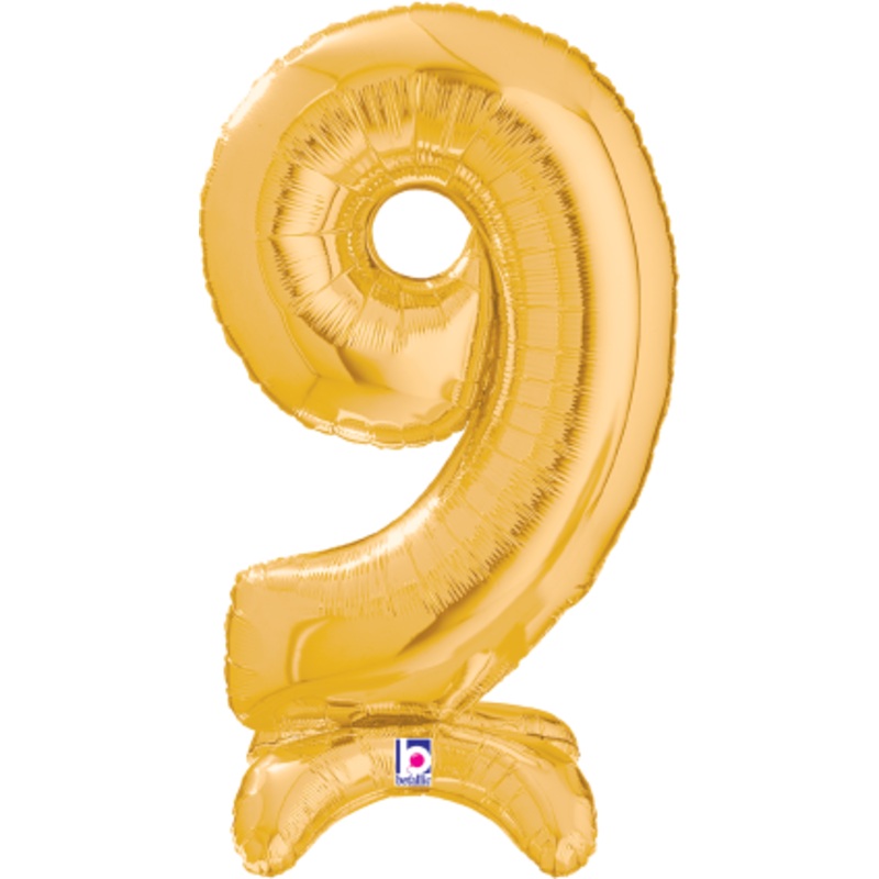 Betallic Number Stand Up 9 Gold 25 inch Air Filled Shaped Foil Balloon packed w/straw 1ct