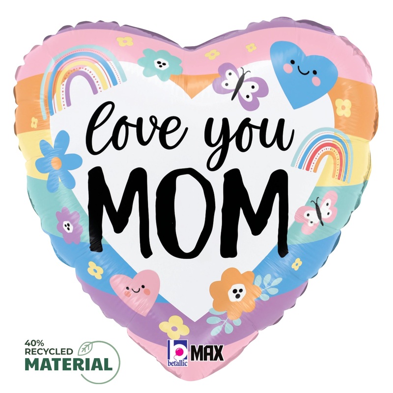 Betallic Pastel Rainbow Love Mom 18 inch MAX Float 40 Percent Recycled Heart Balloon 1ct