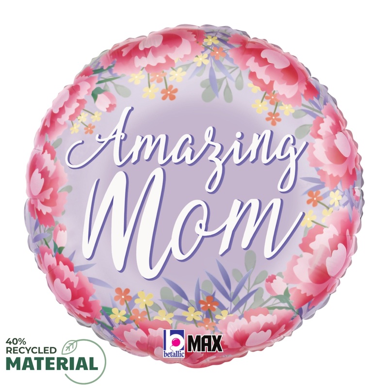 Betallic Satin Floral Amazing Mom 18 inch MAX Float 40 Percent Recycled Round Balloon Packaged 1ct