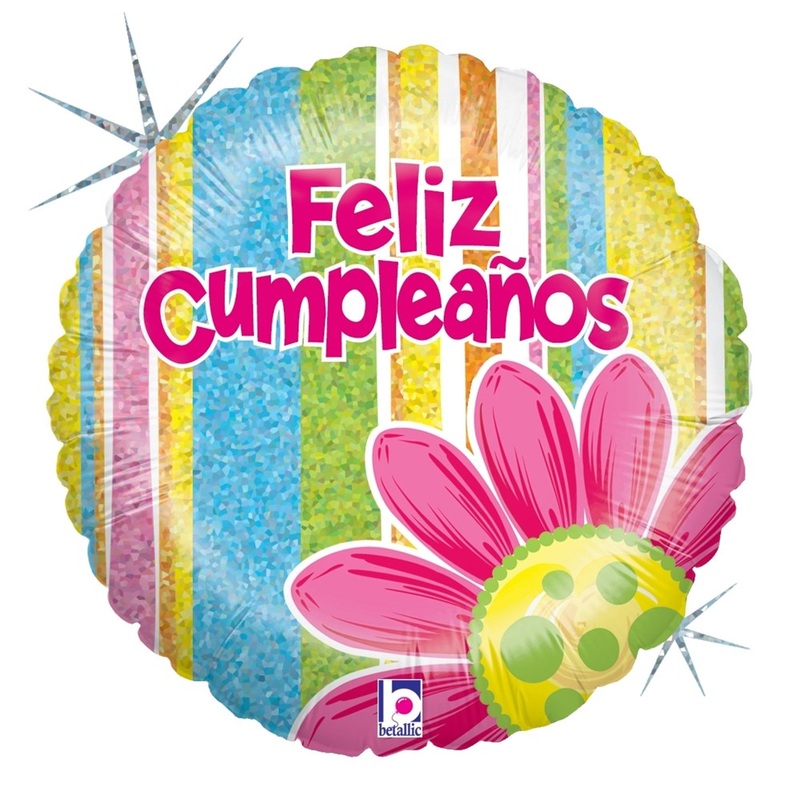 Betallic Feliz Cumpleanos Flor y Franjas 18 inch Holographic Balloon Packaged 1ct