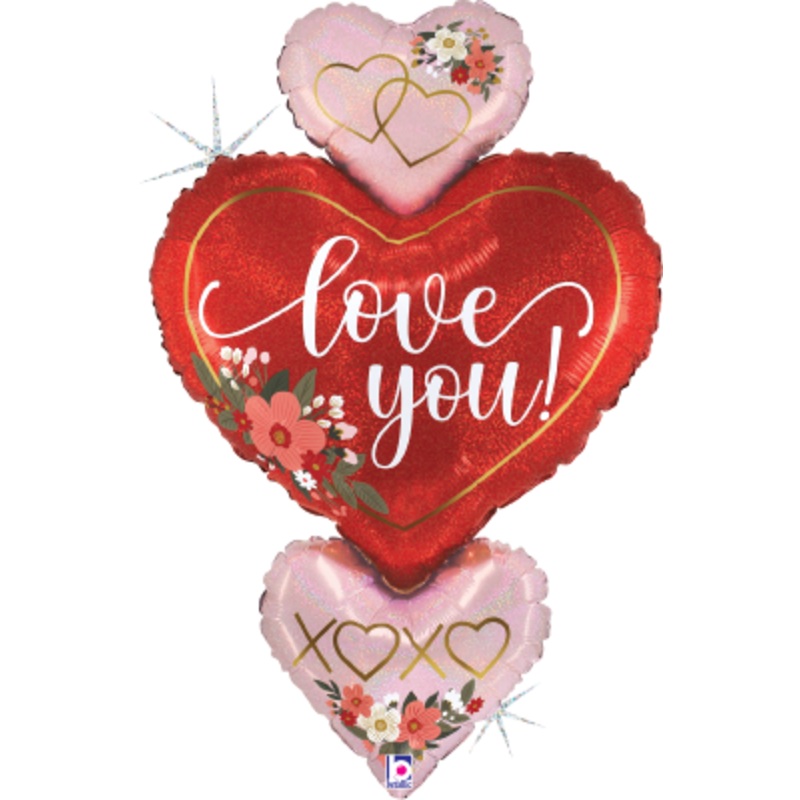 Betallic Floral Love Heart Trio 30 inch Glitter Holographic Shaped Foil Balloon Packaged 1ct