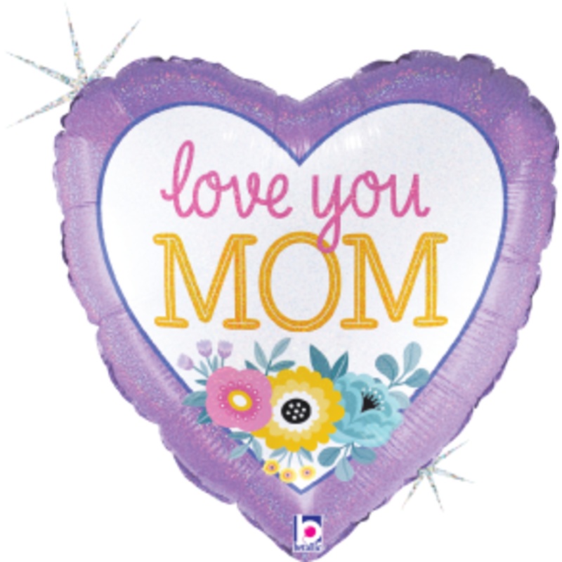 Betallic Love you Mom Flowers 18 inch Glitter Holographic Heart Balloon Packaged 1ct