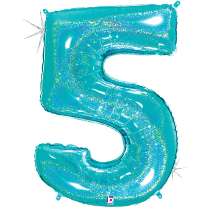 Betallic Number 5 Glitter Robin's Egg Blue 34 inch Holographic Shaped Foil Balloon Packaged 1ct