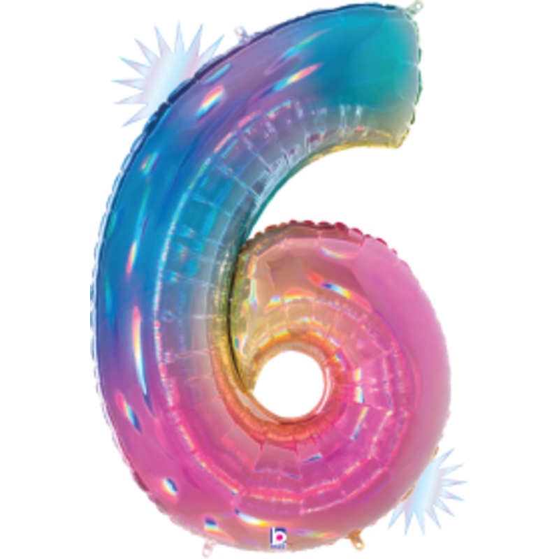 Betallic Number 6 Opal Rainbow 34 inch Holographic Shaped Foil Balloon Packaged 1ct