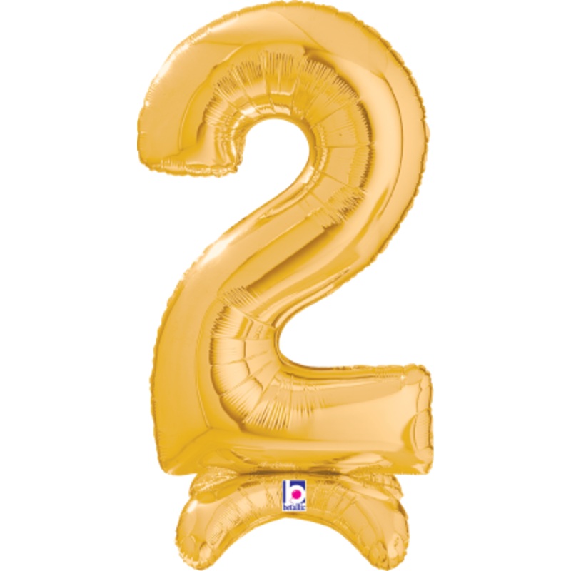 Betallic Number Stand Up 2 Gold 25 inch Air Filled Shaped Foil Balloon packed w/straw 1ct