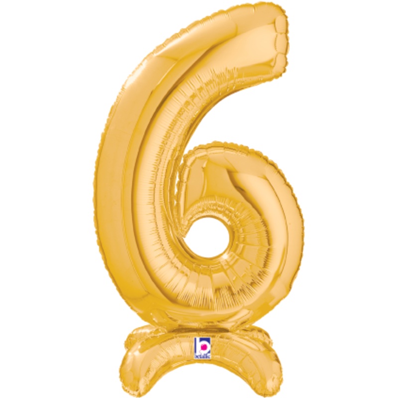 Betallic Number Stand Up 6 Gold 25 inch Air Filled Shaped Foil Balloon packed w/straw 1ct