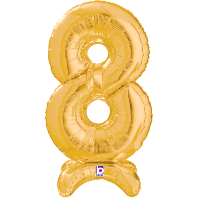 Betallic Number Stand Up 8 Gold 25 inch Air Filled Shaped Foil Balloon packed w/straw 1ct