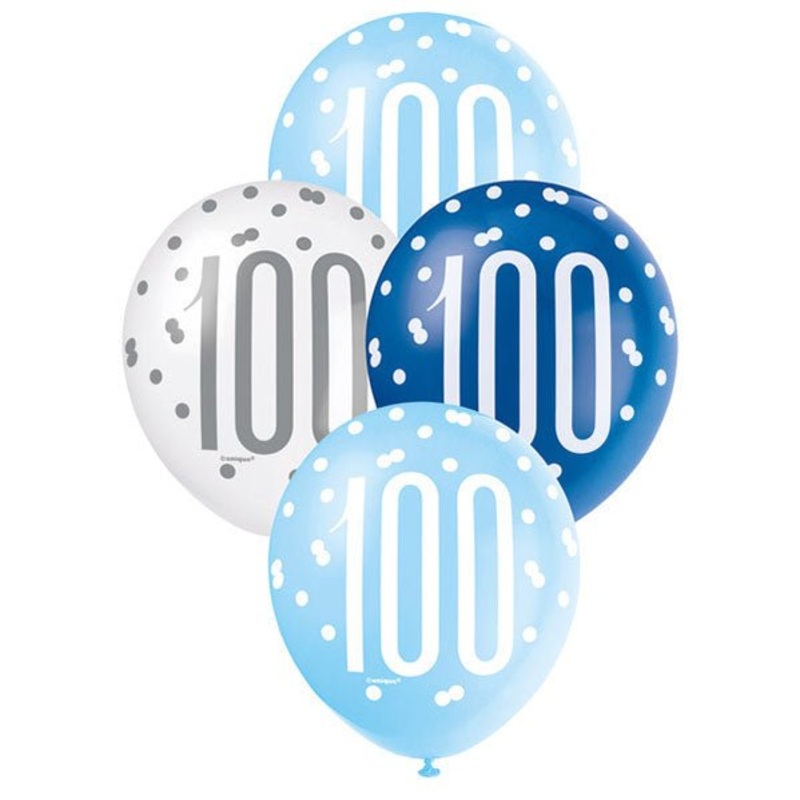 "100" Blue & White Assorted Balloons 30cm (Pack of 6)