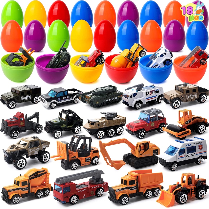 18 giant Easter eggs filled with die-casting cars, pulled back city cars and trucks, children's toy pre filled eggs