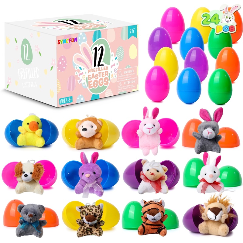24 Pcs Prefilled Easter Eggs Set ( 12 Plush and 12 Eggs),Easter Eggs with Mini Stuffed Animals Plush Toys for Kids Toddler,Easter Basket