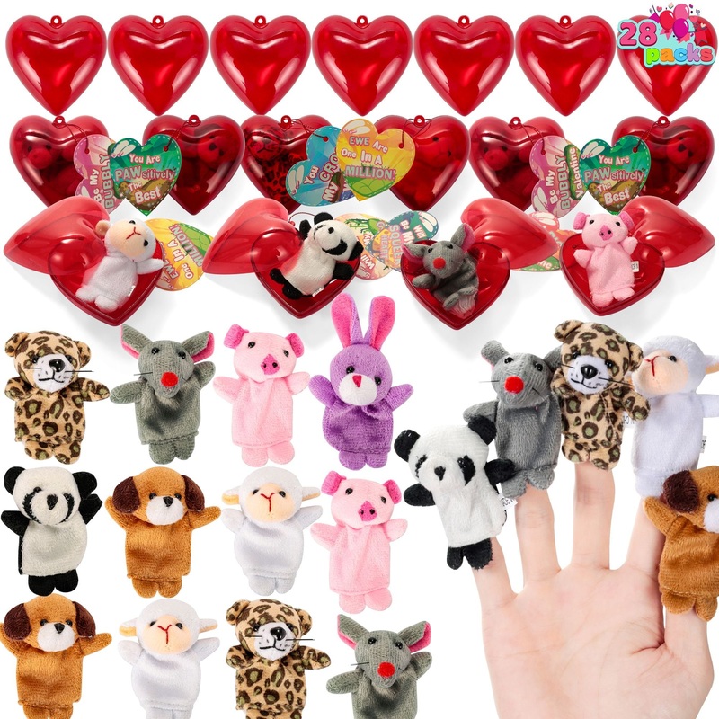 28-Pack Valentine's Day Pre-Assembled Hearts with Plush Animal Finger Puppets and Valentine's Day Cards for Kids