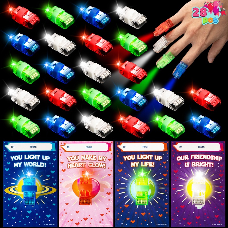 28 Packs Valentines Day Gift Cards with LED Finger Lights, Glow in the Dark Toys for Kids Valentines Class Exchange Cards, Birthday Holiday Party Favors