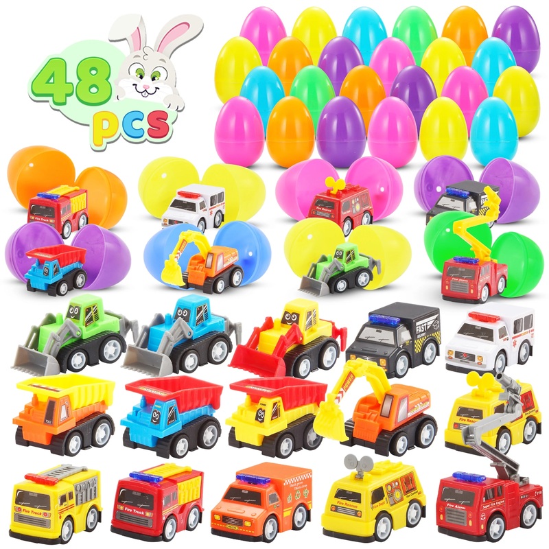 48 Pcs Prefilled Easter Eggs Set (24 Cars and 24 Eggs),Easter Eggs with Toys Inside,Birthday Party Favors for Boys and Girls Over 3