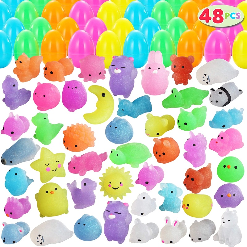 48 sparkling Mochi squid toys, pre installed Easter eggs, children's Easter egg hunting filled with Mochi toys, Easter basket filling