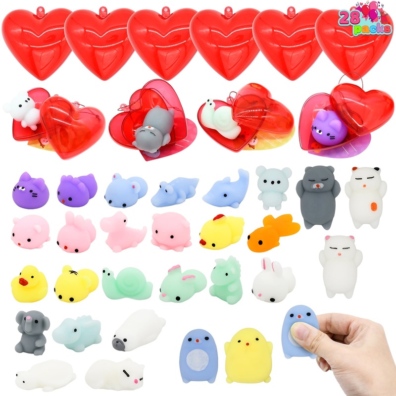 56 Pcs Valentines Cards for Kids (28 Mochi Squishy and 28 Cards),Valentine Kawaii Stress Relief Mochi Squishy Toys Filled Hearts for Kids Classroom Exchange Cards Gifts pack