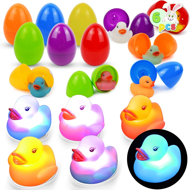 6 Pcs Toddler Pre-filled Easter Eggs with Light up Rubber Ducks Bath Toys for Toddler Kids,Easter Basket Stuffers Toys