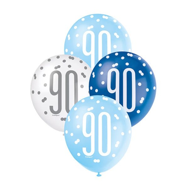 "90" Blue & White Assorted Balloons 30cm (Pack of 6)