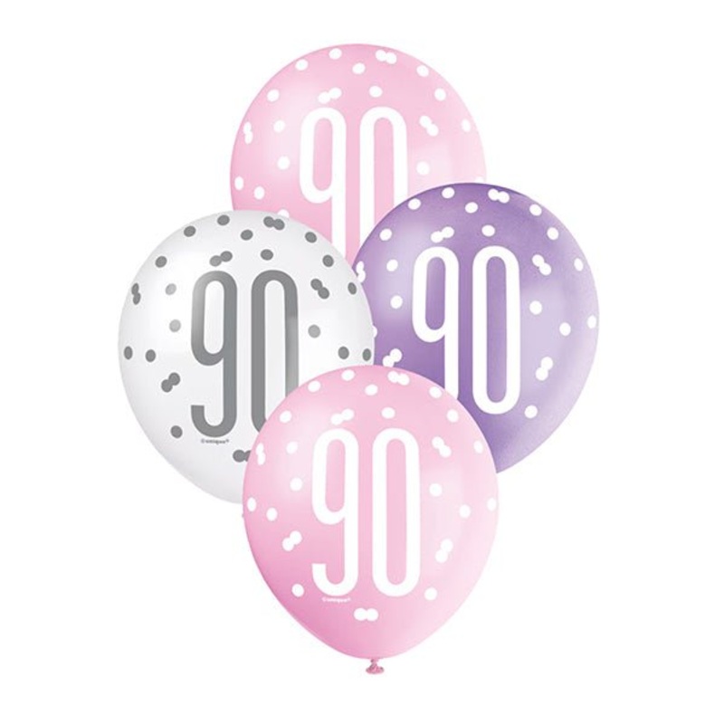 "90" Pink, Purple & White Assorted Balloons 30cm (Pack of 6)