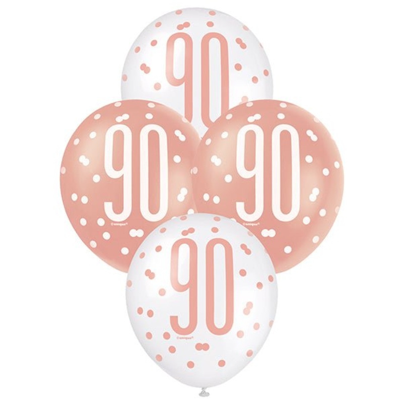 "90" Rose Gold & White Assorted Balloons 30cm (Pack of 6)