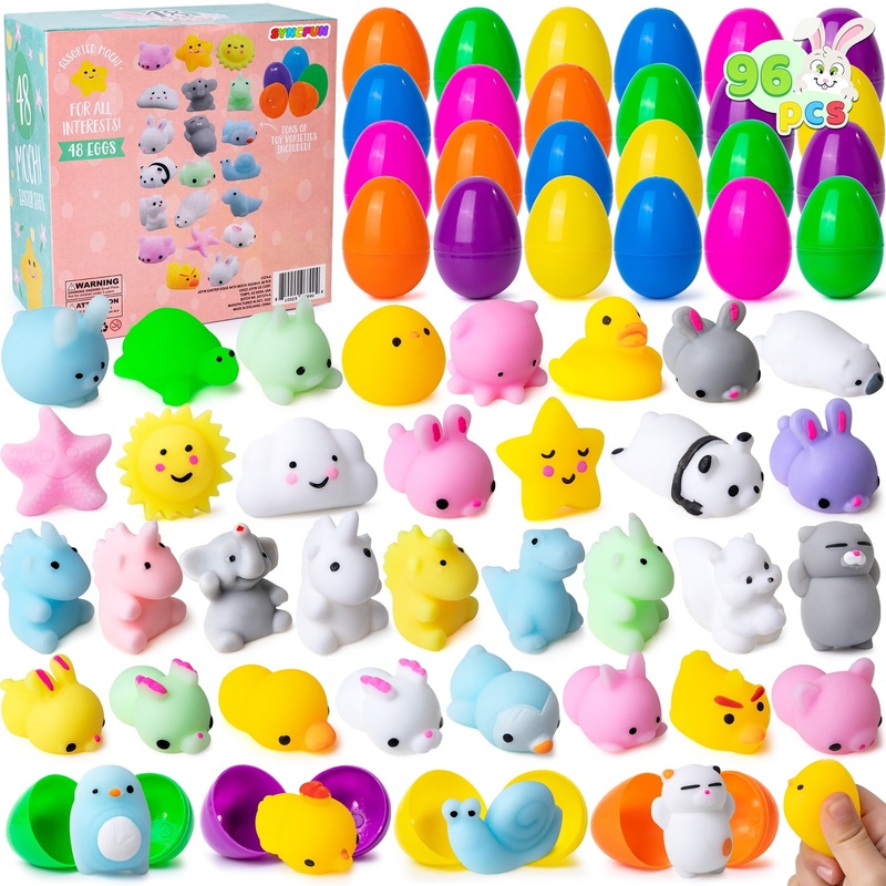 96 Pcs Prefilled Easter Eggs with Toys(48 Mochi Toys and 48 Eggs),Mochi Squishies Stress Relief Toys Stuffed Plastic Easter Eggs for Easter Basket Kids