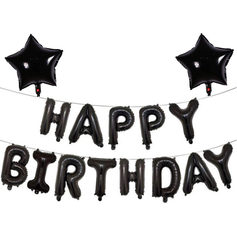 Black Happy Birthday Balloon Banner Self Inflated Black 16 inch Letters Foil & 2 Pack Large 18 Inch Black Stars Ballloons for Birthday Party Decorations Supplies