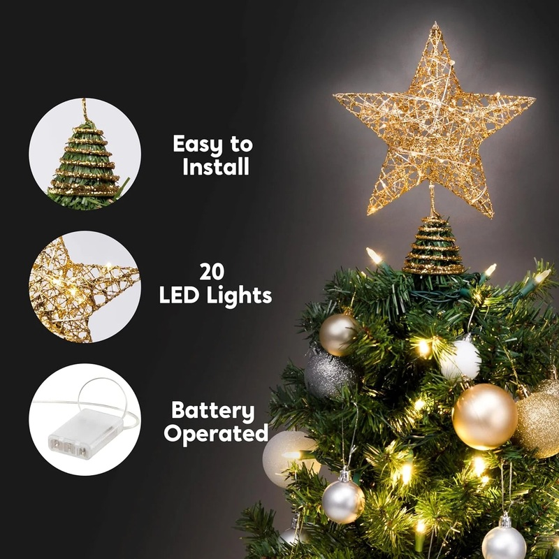 Christmas Tree Topper,20 LED Gold Glitter Small Star Tree Topper with Lights,Light Up Tree Topper Christmas Decorations Xmas Tree Decorations