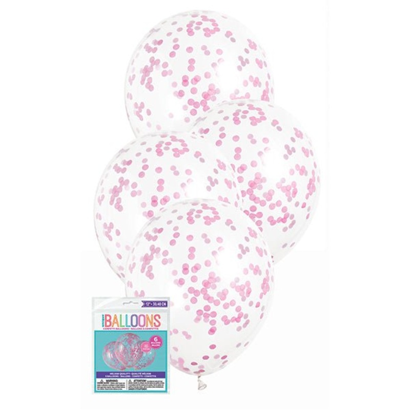 Clear Balloons With Hot Pink Confetti Balloons 30cm (Pack of 6)