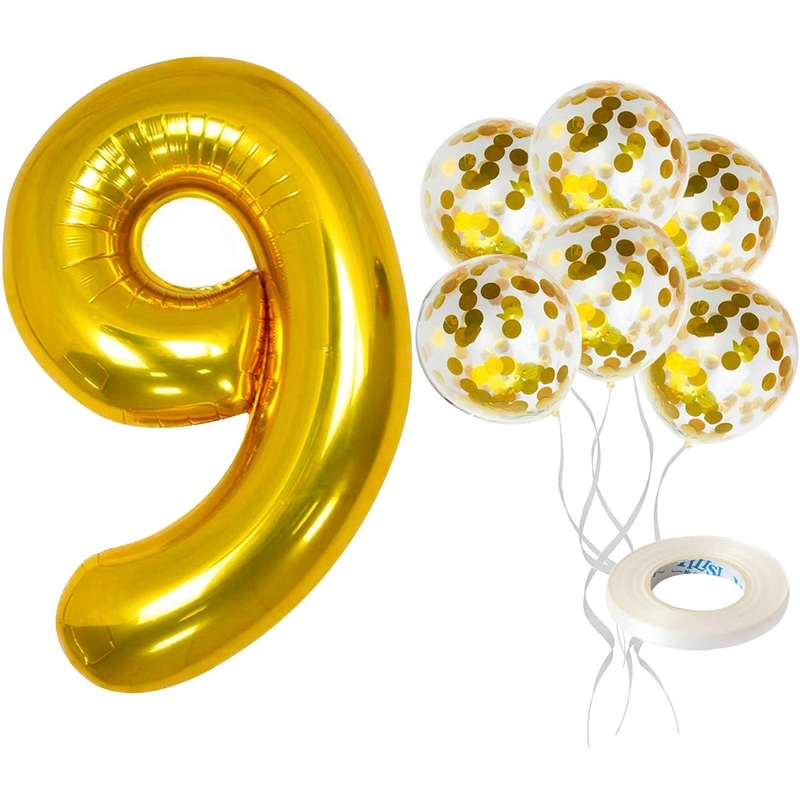 Gold Number 9 & Balloon Set - Large 32 Inch | Gold Confetti Balloons, Pack Of 5