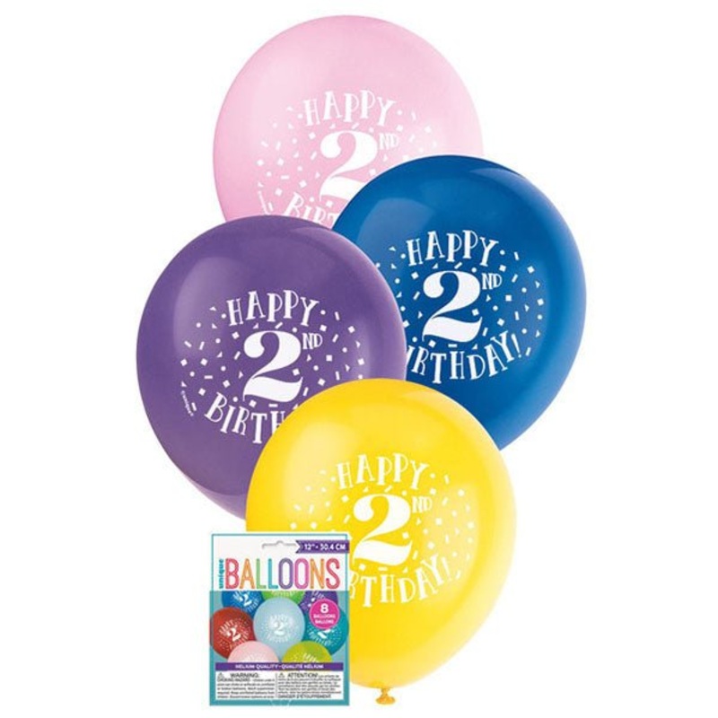 "Happy 2nd Birthday" Assorted Colour Balloons 30cm (Pack of 8)