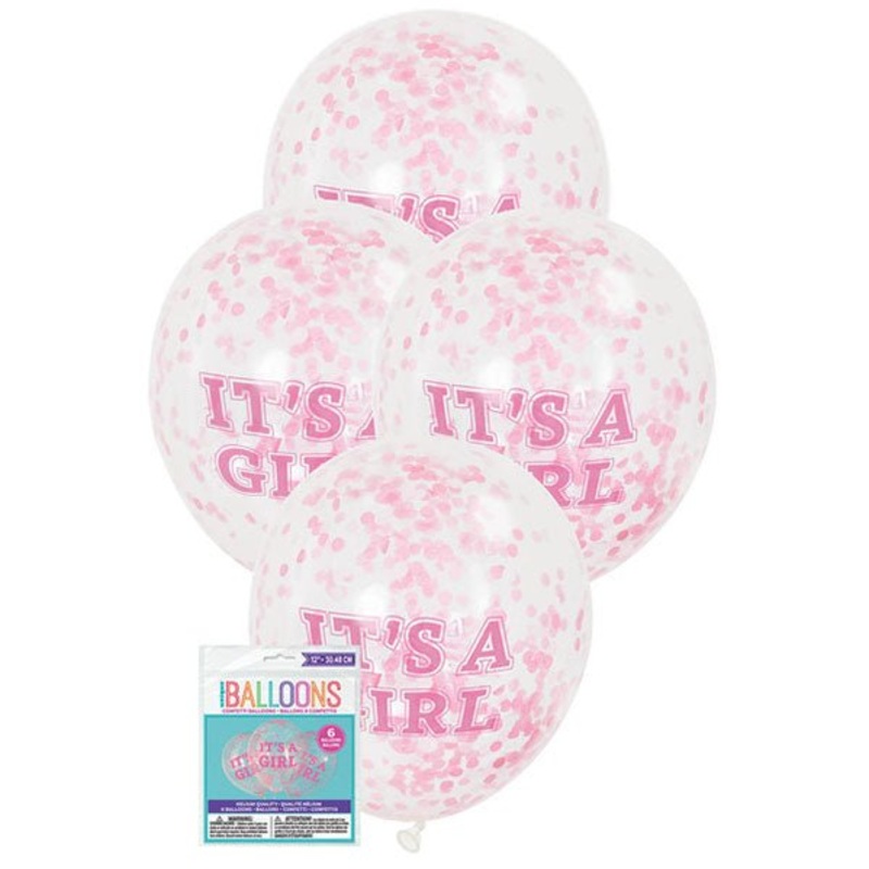 "It's A Girl" Clear Balloons With Pink Confetti Balloons 30cm (Pack of 6)