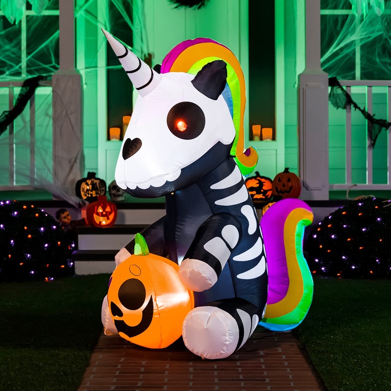 Joiedomi 5 FT Tall Halloween Inflatable Sitting Skeleton Unicorn Inflatable Yard Decoration with Build-in LEDs Blow Up Inflatables for Halloween Party Indoor, Outdoor, Yard, Garden, Lawn Decorations