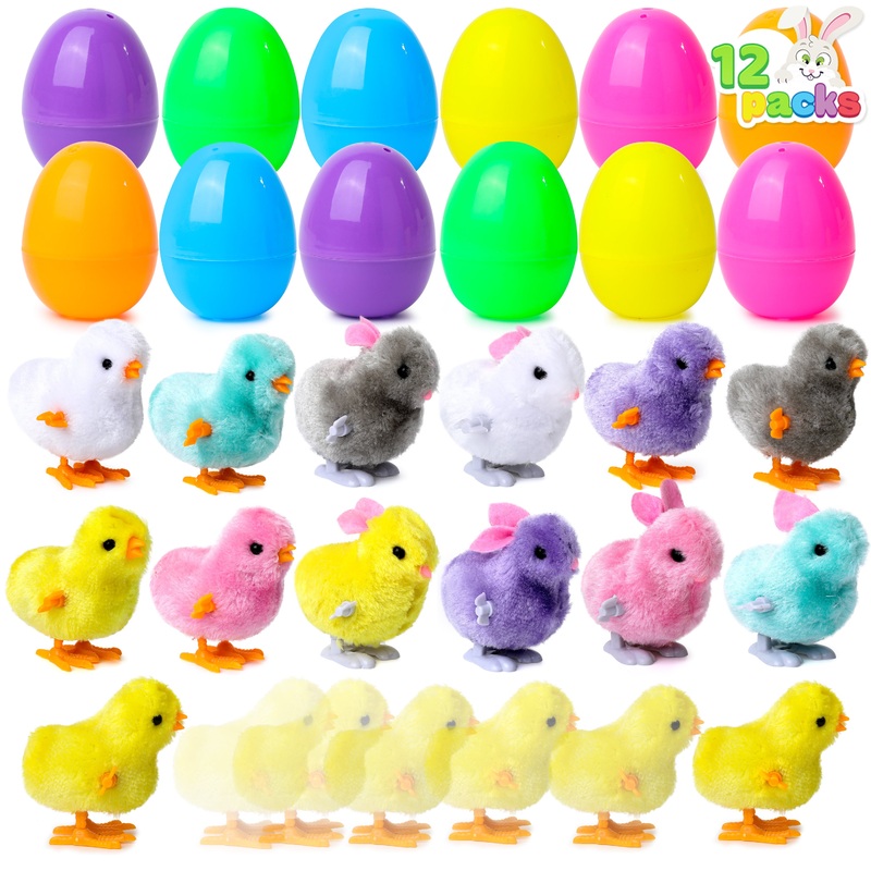JOYFY 12 Pcs Easter Eggs Filled with Wind-up Toys, Colorful Egg Wind-Up Jumping Chicks and Bunnies for Kids Basket Stuffer, Hunt, Party Favors, Classroom Prize