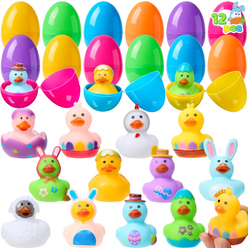 JOYFY 12 pre filled Easter eggs with rubber ducks, Easter baskets for toddlers and babies