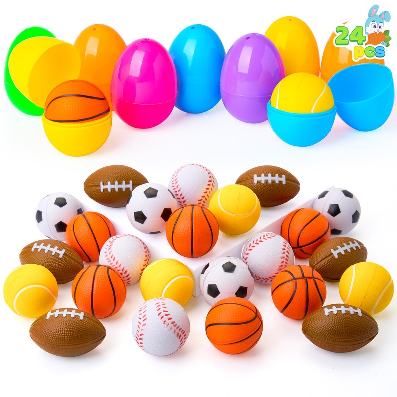 JOYFY 24 pre installed Easter eggs, soft toys with sports stress relief balls, soccer, basketball, soccer, baseball, tennis stress relief toys