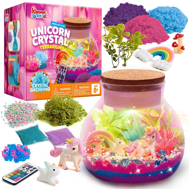 Klever Kits Unicorn Crystal Terrarium Crafts Kit for Kids with LED Night Light, Crystal Growing Science Kit Girls Gift for Aged 6+ Years