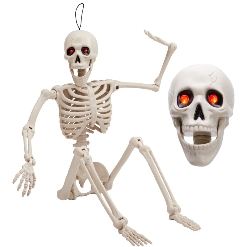 SYNCFUN 24 Inch Halloween Skeleton Decor with LED Light Eyes,Posable Skeleton Halloween Prop Full Body with Movable Joints for Haunted House Indoor Outdoor Decoration Spooky Decor