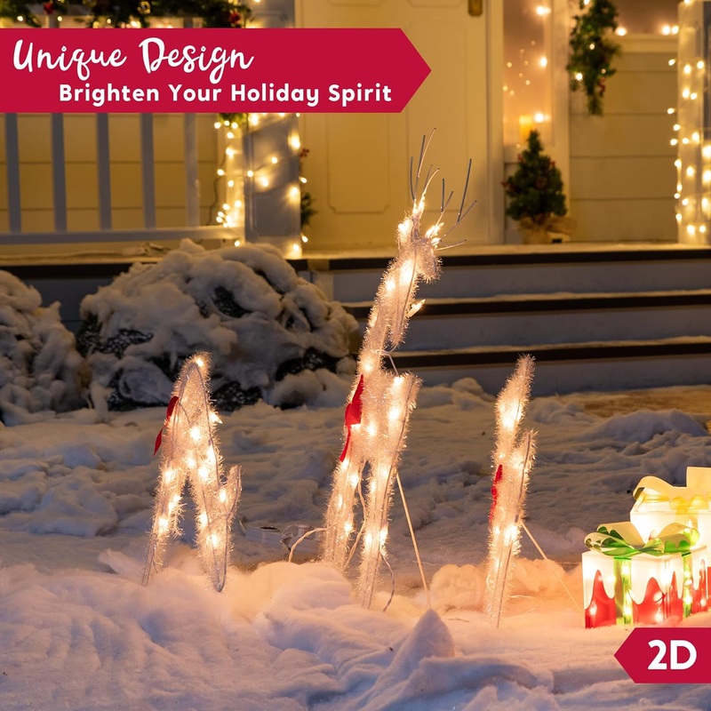 SYNCFUN 3 Pcs Reindeer Family Yard Light Christmas Outdoor Decorations,2D 60 Pre-Lit LED Reindeer Christmas Decorations,Christmas Yard Light with Stakes Holiday Decor