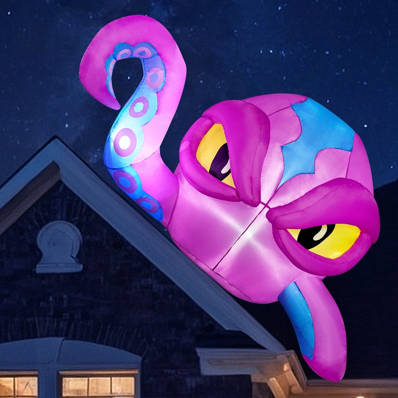 Syncfun 4 FT Halloween Inflatable Purple Octupos Head with Tentacles Broke Out from Window with Built-in LED Blow Up Inflatable for Window Decoration Yard Garden Lawn Decor