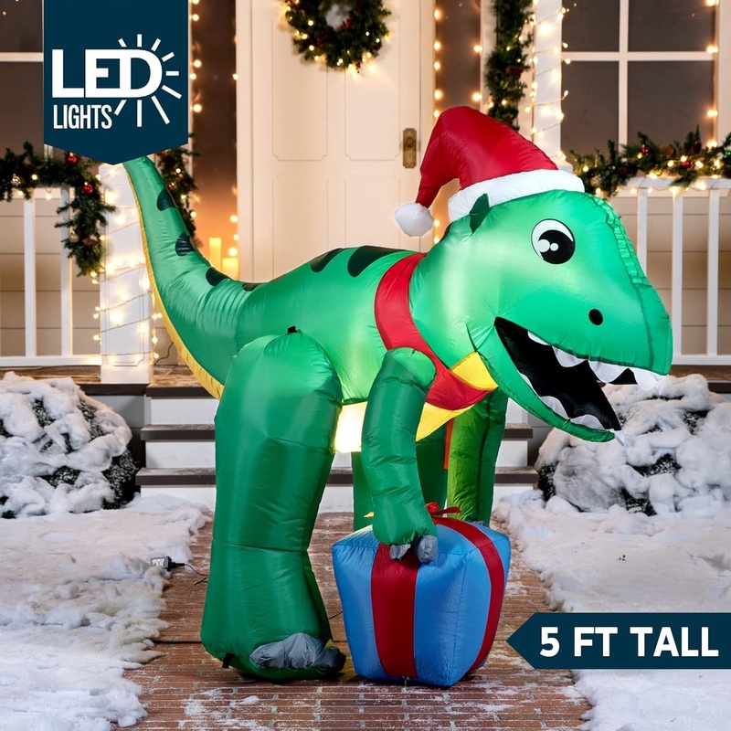 Syncfun 5 FT Christmas Inflatables Dinosaur Outdoor Decorations,Christmas Dinosaur with Gift Box Blow Ups Yard with Built-in LEDs for Holiday Party Garden Lawn Decor