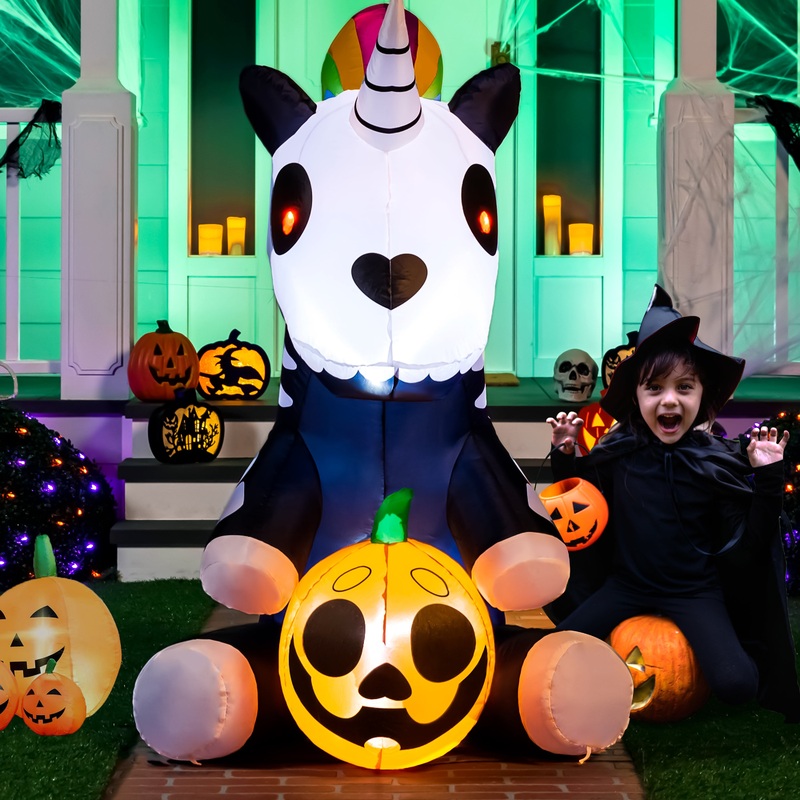 Syncfun 5 FT Halloween Inflatable Sitting Skeleton Unicorn with Build-in LEDs,Halloween Decorations Blow Up Yard decorations Outdoor Decorations