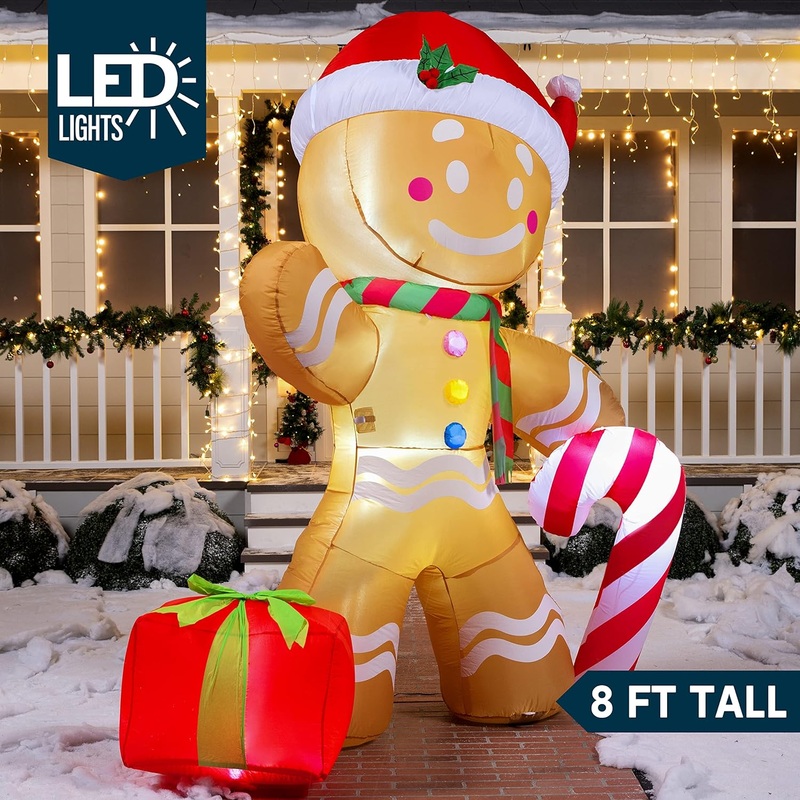 SYNCFUN 8 FT Christmas Inflatables Gingerbread Man Outdoor Decorations,Gingerbread Man with Candy Cane Blow Ups Yard with Built-in LEDs for Holiday Party Garden Lawn Decor