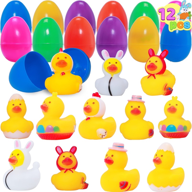 12 Packs Easter Egg Filled with Rubber Ducks, Eggs Hunt, Basket Stuffers Filler for Kids Party Favor Classroom Prize Supplies, Summer Beach, Pool Activity
