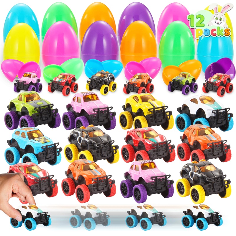 12 Pcs Easter Eggs Pre-Filled with Pullback Monster Cars for Boys,Pullback Monster Vehicles Toys for Easter Basket Stuffers,Easter Egg Fillers,Easter Eggs Hunt