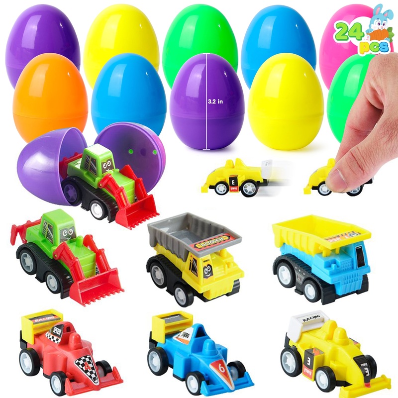 24 Pcs Toy Filled Easter Eggs(12 Cars and 12 Eggs),Easter Eggs with Toys Inside,Birthday Party Favors for Boys and Girls,Basket Stuffers