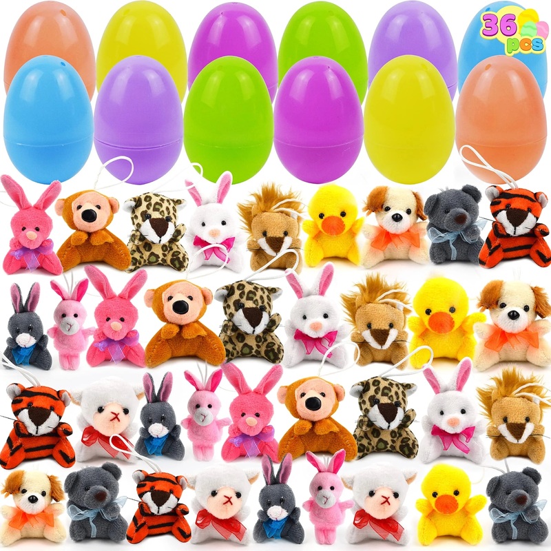 36 pre-filled Easter eggs, stuffed animal toys filled with children and toddlers, Easter egg hunting